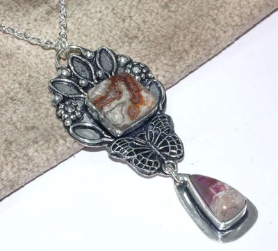 Butterfly Cobalt Calcite Mexican Laguna Lace Gemstone Necklace 18" MJ - Image 1 of 3