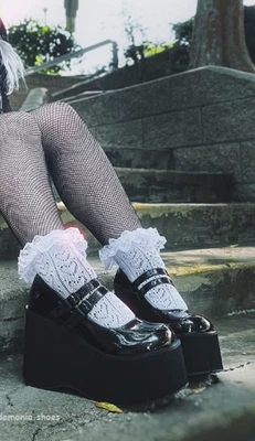 黑色 90 年代楔形厚底 Mary Janes 鞋 运动鞋 靴子 Goth Punk Womans Demonia — 第 1/4 张图片