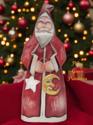Folk Art Christmas Santa Moon & Star Hand Carved 1993 Signed by Artist Thors - Image 1 of 3