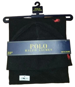 POLO Ralph Lauren Men's Black Fleece Hat & Scarf 2 Piece Set One Size Red Pony - Picture 1 of 2