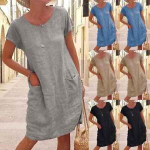 Womens Summer Cotton Linen Midi Dress Ladies Casual Loose Pocket Dresses Size 16