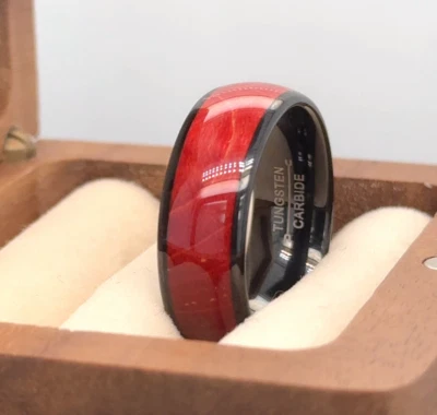Anillo de compromiso de tungsteno para hombre alianza de boda madera burl anillo de boda anillo de madera roja Foto 1 de 4