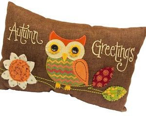 Y2K Retro Fall Autumn Throw Pillow Embroidered Applique Cottage Farm Burlap Felt - Picture 1 of 4