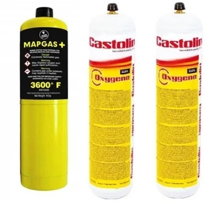 2 X CASTOLIN/OXY TURBO/WELDGAS OXYGEN GAS CYLINDER BOTTLE + 1 X MAPP MAP GAS