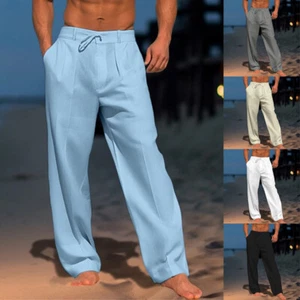 Men's Loose Pants Cotton Linen Solid Color Casual Baggy Beach Trousers Summer - Picture 1 of 16