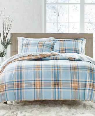 Charter Club 100% Cotton Flannel Duvet Cover Baby Blue & Orange Plaid King $200