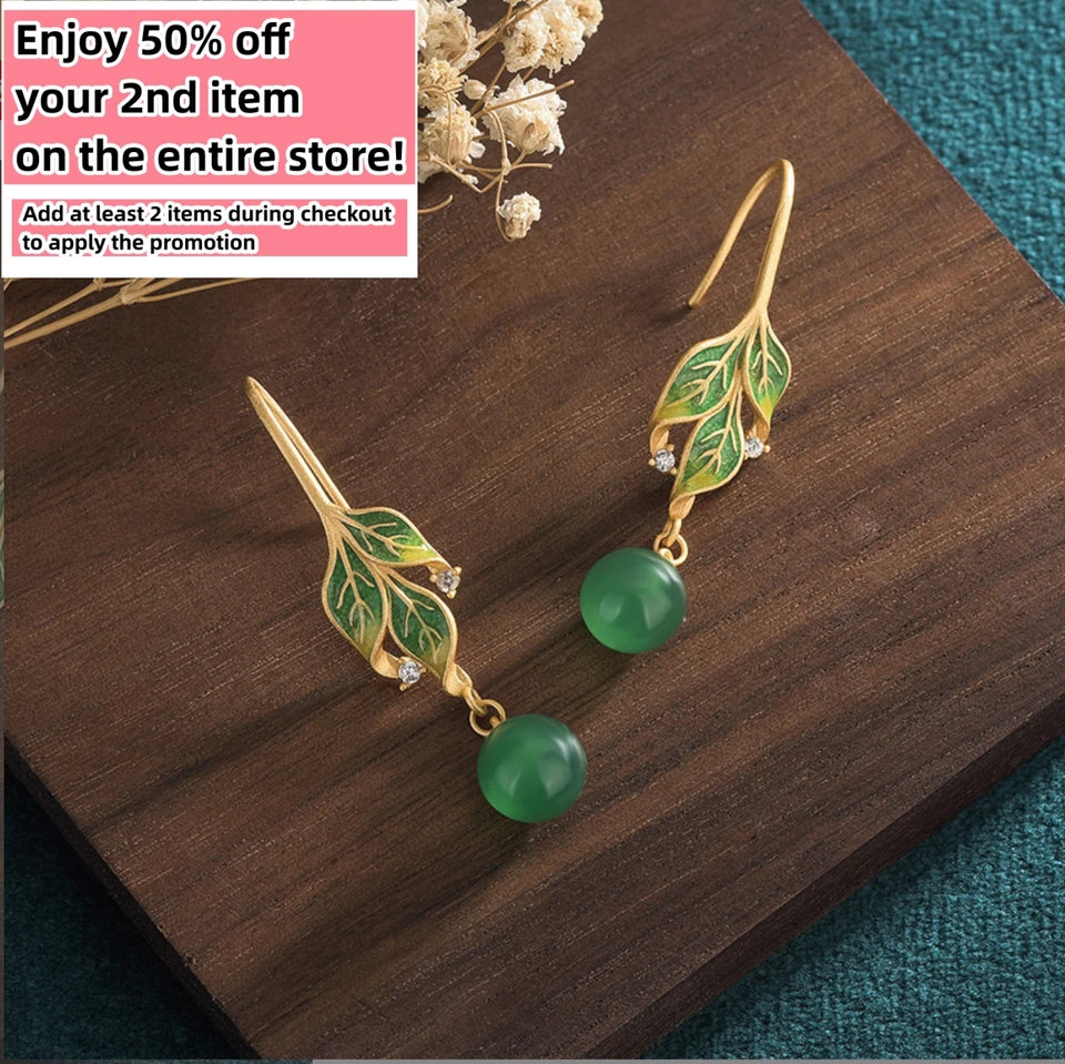Green Jade Drop Dangle Earrings Boho Gemstone Leaf Design Hook 18K Gold Plated - Image 1 of 4