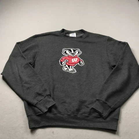 Wisconsin Badgers Sweatshirt Mens Small Gray Crewneck Champion NCAA Logo Fleece Cover