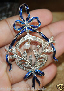 1.85ct Rose Cut Diamond Antique 925 Silver Blue Enamel Pearl Gemstone Brooch Pin