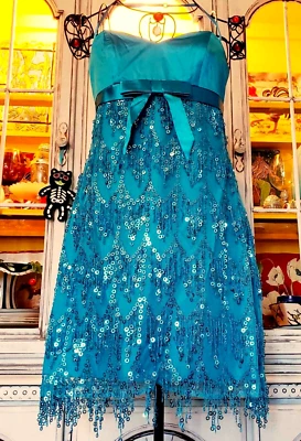 Betsey Johnson Evening Vintage Women's Dress Blue Mesh Tiered Fringe Sequin S 4 - Image 1 of 4