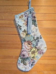 Vintage Weihnachtsstrumpf viktorianischer Regal-Stil salbeigrün Blumen Wandteppich Quaste - Bild 1 von 5