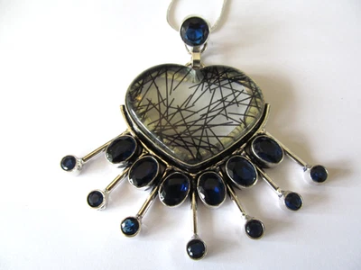 NUEVO COLLAR GRANDE PLATA ESTERLINA COLGANTE CRISTALES AZULES RUTILO-TANZANITA NEGRO Foto 1 de 4