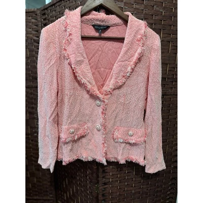 Ming Wang Women's Pink Tweed Jacket Fringed Blazer Textured Career - Image 1 of 4