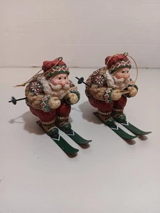 Vintage SKIING SANTAS 4" Christmas Tree Ornaments Set Of 2 - Picture 1 of 7