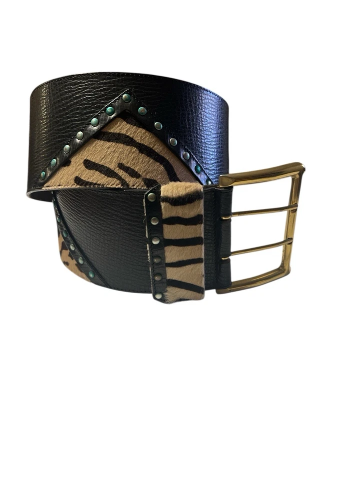 Vintage WIDE- LINEA PELLE Solid Brass Buckle Studded Belt W/Zebra Hair- Size Med - Image 1 of 4