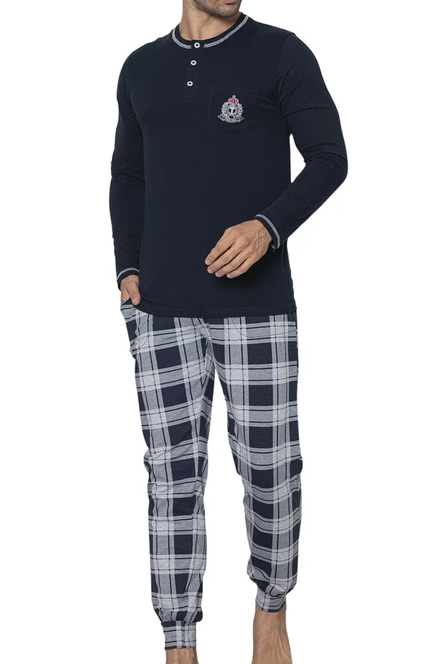 Mens Pyjamas Long Sleeve Cotton Check Sleepwear House Suit Nightwear M-5XL - Image 1 of 4