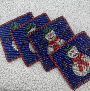 Crate & Barrel Set 4 Glass Bead Snowman Coasters 4"x 4  Made in India Silk Backs - Picture 1 of 13