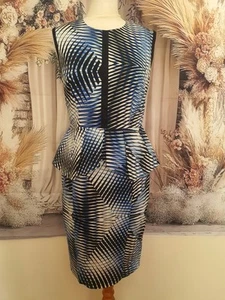 Linea blue black white pattern peplum bodycon dress size 10 - Picture 1 of 6