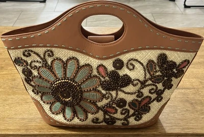 Issabella Fiore Straw Clutch Handbag Beaded Leather & Woven Floral Design Brown - Image 1 of 4