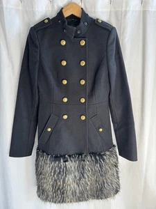 Womens Rachel Zoe Betty Wool Coat W/Faux Fur Trim - Military Style-Black- Size 6 - Picture 1 of 14