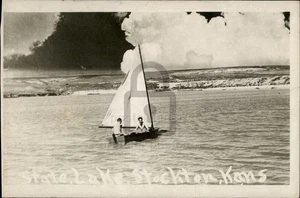RPPC Stockton,KS State Lake, Sailboat, Sailing Real Photo Rooks County Kansas - Picture 1 of 5