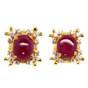 925 Sterling Silver 13 x 15 MM. Red Ruby & White Zircon Two Tone Earrings - Picture 1 of 4