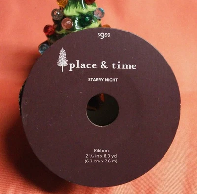 place & time STARRY NIGHT GOLD STARS ON BLACK Wire Edge Ribbon 2 1/2 in x 8.3 yd - Image 1 of 2