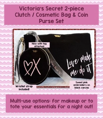 Victoria's Secret "LOVE MADE ME DO IT" Maquillaje Bolso sin asas y monedas/bolso de cepillo Juego de 2 Foto 1 de 4
