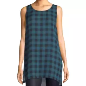 Eileen Fisher Size Small Silk Tunic Blue Black Buffalo Check Plaid Sleeveless - Picture 1 of 10