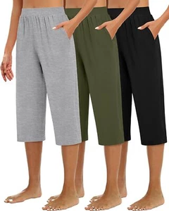 Huukeay 3 Pack Women's Capri Sweatpants, Cozy Wide Legs Cropped Capri with - Picture 1 of 7
