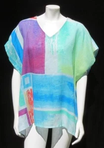 99 $ Chicos abstrakter Druck 100 % Leinen V-Ausschnitt Poncho Shirt Top US Größe S M NEUWERTIG! - Bild 1 von 6