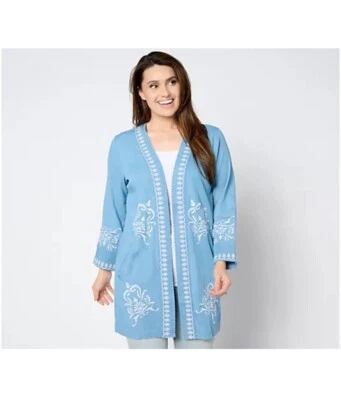 Cárdigan Susan Graver Petite Frente Abierto Cambray Apliques de Encaje Talla XLP Azul  Foto 1 de 4