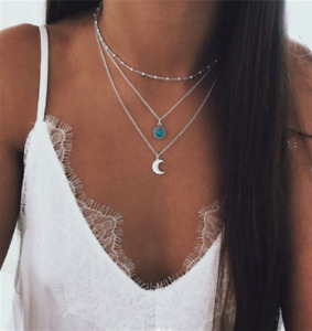 New Women Boho Multilayer Turquoise Silver Chain Layered Choker Pendant Necklace
