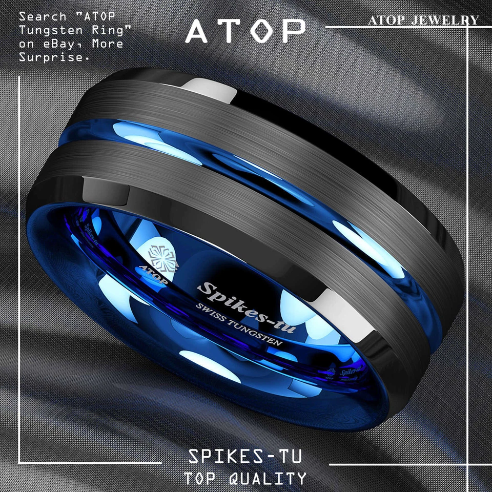 Anillo de tungsteno de 8/6 mm para hombre delgado línea azul-interior banda negra cepillada ATOP joyería Foto 1 de 4