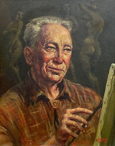 CHARLES A. CARTER (CONNECTICUT) VINTAGE SIGNIERT ORIG GEMÄLDE SELBSTPORTRÄT MIT AKT - Bild 1 von 7