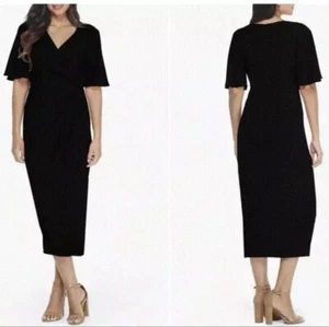 Maggy London Flutter Sleeve Faux Wrap Midi Dress Wedding Formal Night out Sexy - Picture 1 of 5