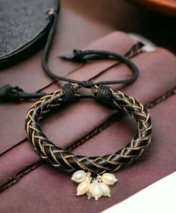 Men's Braided Leather Black Real Pearl Cluster Adjustable Length - Picture 1 of 11