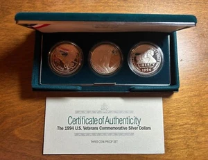 1994-P US Veterans 3-Coin Set Proof Silver Dollars Commemorative Box and COA - Picture 1 of 8