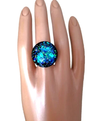 Opal Ring Royal Blue Huge Faceted Resin Opal 22mm in 18-Karat GP Stainless-Steel - Image 1 of 4