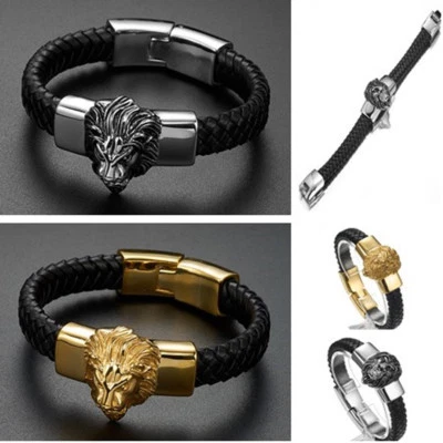 Brazalete brazalete de cuero de acero inoxidable para hombre Cool Lion Charm negro 8,66" Foto 1 de 4