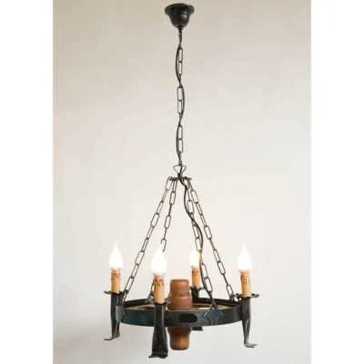 Lustre Fer Forgé et Bois en Forme De Roue En Style Rustique De Montagnes - Photo 1/3