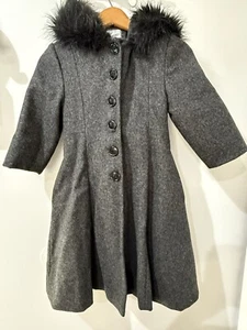 Rothschild Wool Long Coat Girls Size 7 Dressy Formal Charcoal Gray Hooded Fur - Picture 1 of 8