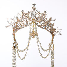 Retro Women's Rhinestone Crown Long Chain Beads Tiara Costume Wedding Headwear