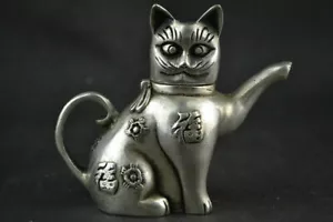 Teiera cinese da collezione decorata a mano Tibet argento intaglio gatto portafortuna - Foto 1 di 7