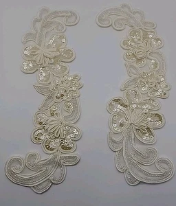 Par de apliques de cuentas de semillas de lentejuelas de encaje de boda vintage adorno floral costura  - Imagen 1 de 19