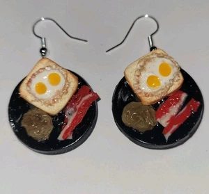 VENDUTO-PER GRIECI Orecchini Piatto Colazione Filo Argento Uova su Toast Salsiccia Pancetta - Foto 1 di 5