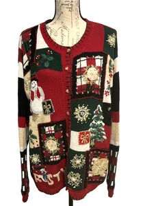 Vtg Y2K Tiara Women's 1X Knit Christmas Sweater Rami Cotton Button Front Tree - Picture 1 of 11