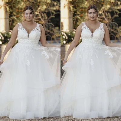Eleagant Plus Size Wedding Dresses V Neck British Tulle Lace Bridal Gowns - Image 1 of 4