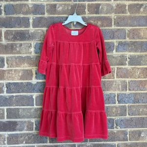 Hanna Andersson Girls Red Velour Tiered Ruffle Dress Sz 5 Long Sleeve FLAWS - Picture 1 of 9