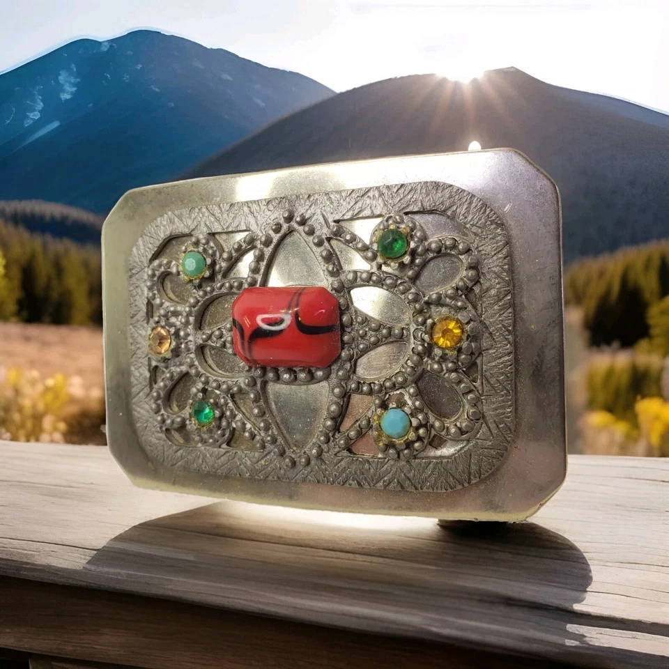 ☆Traditional Vintage Native American Navajo Designed Belt Buckle w/ Stone Inlays - Image 1 of 4